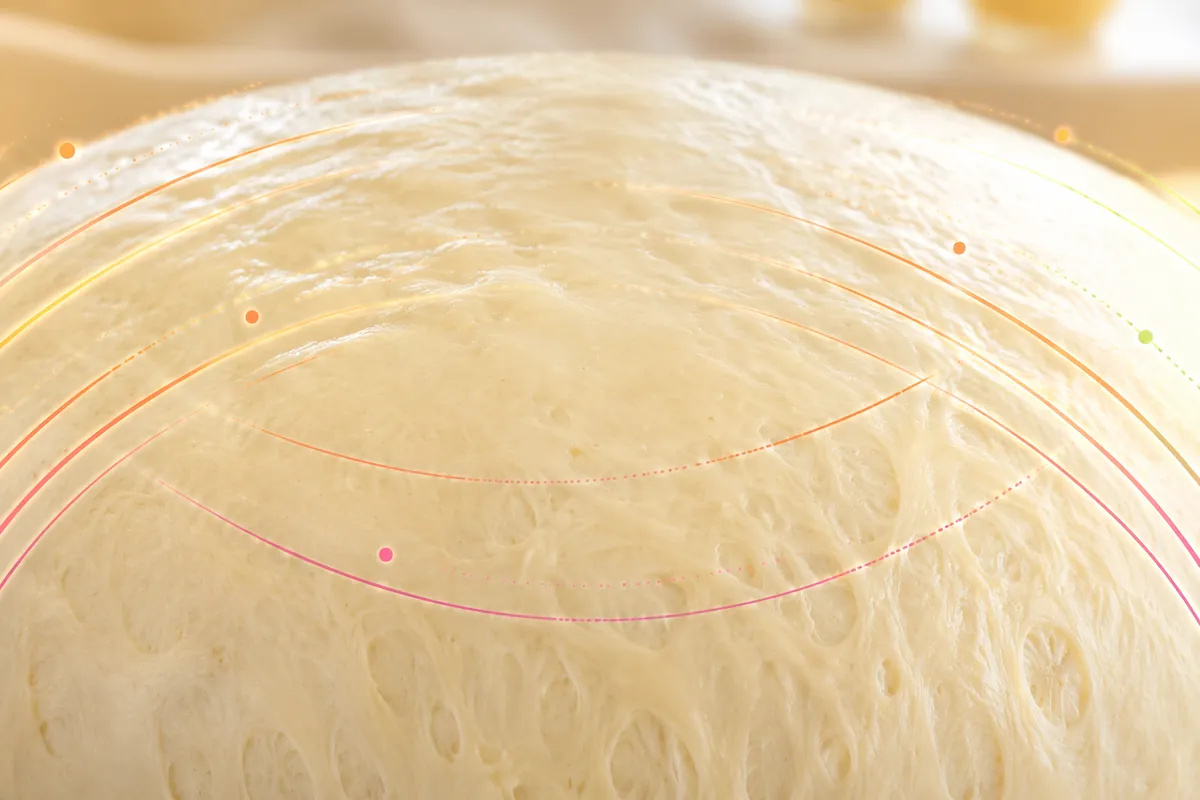 Close-up of a proofed wheat dough surface with open gas cells, the stage where amylase supplies sugar to the yeast